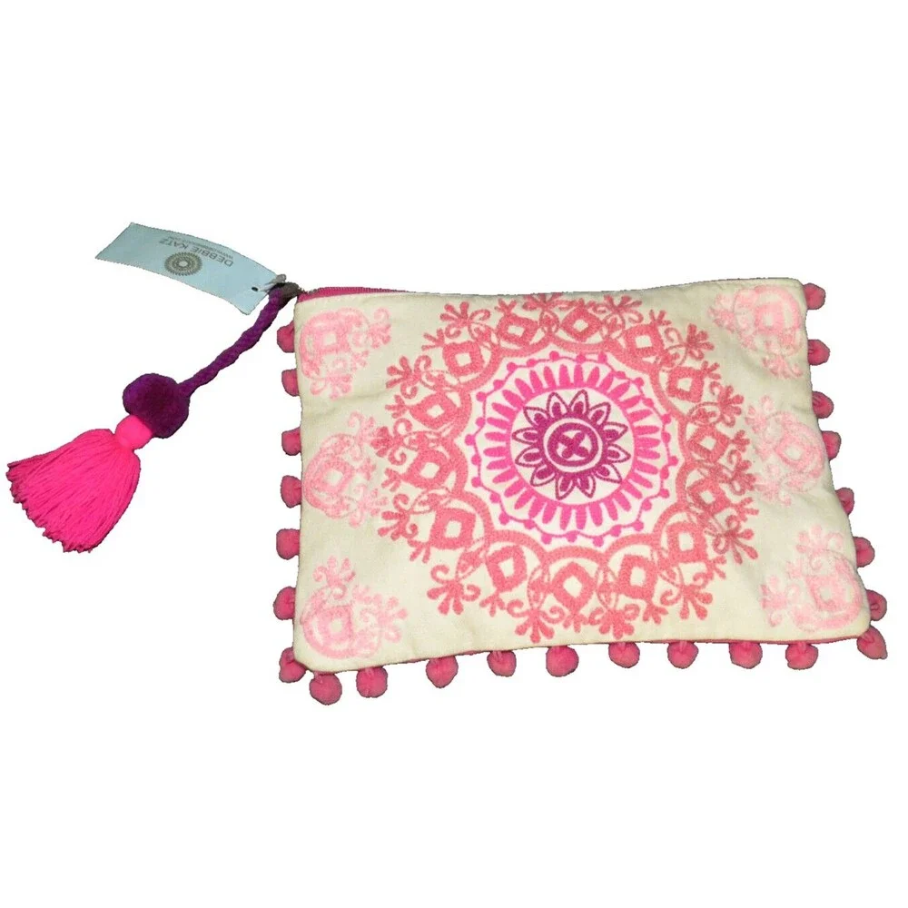 Debbie Katz Pink Embroidered Sabita Mala Pouch Boho Zip Clutch Bag
